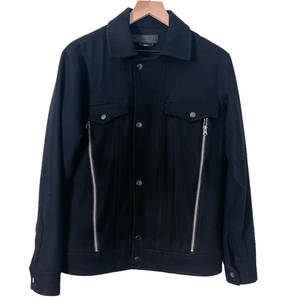 B:Scott Wool Blend Black Bomber Jacket with Zipper Details